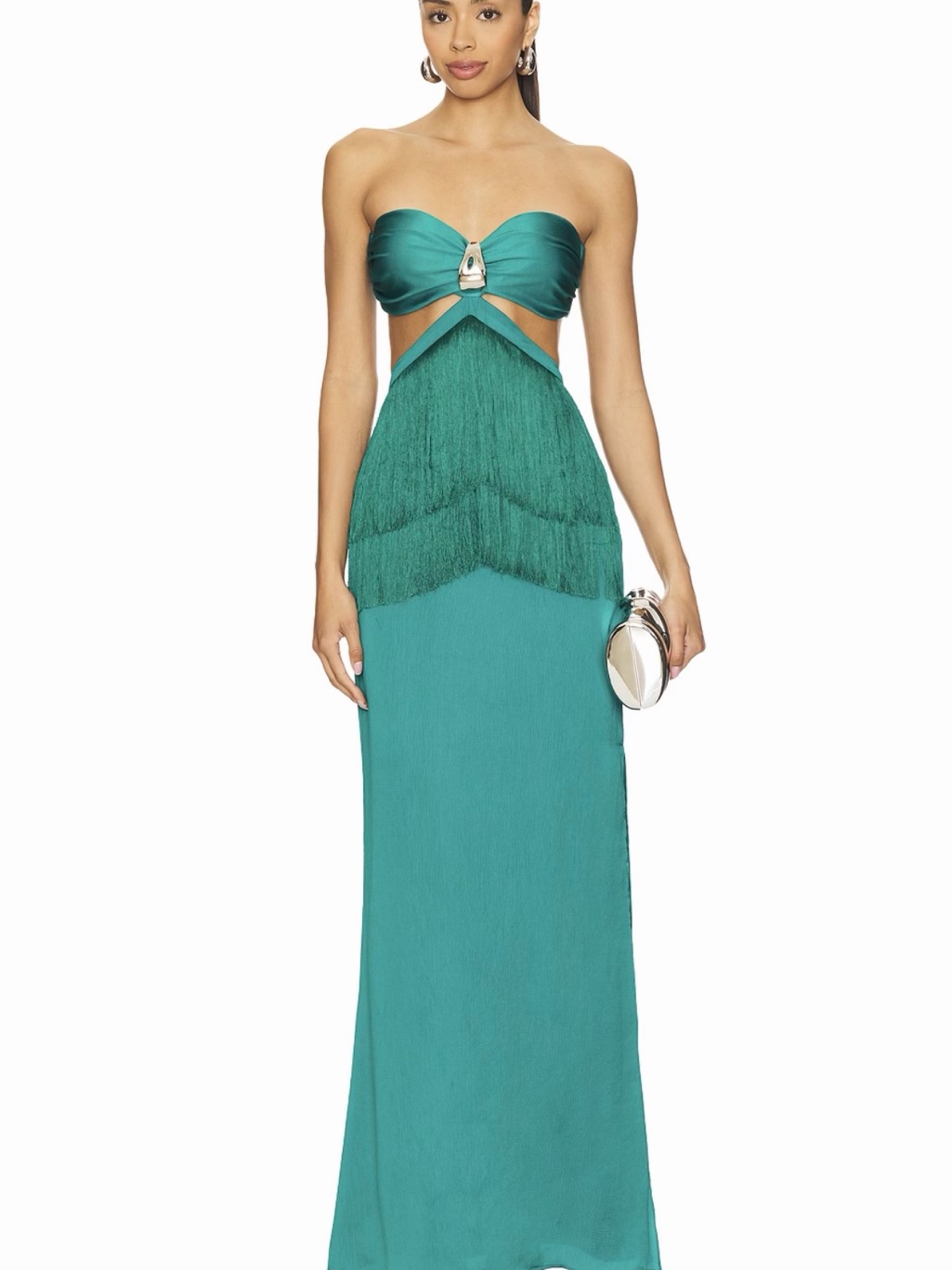 Revolve Teal Strapless Fringe Cutout Gown